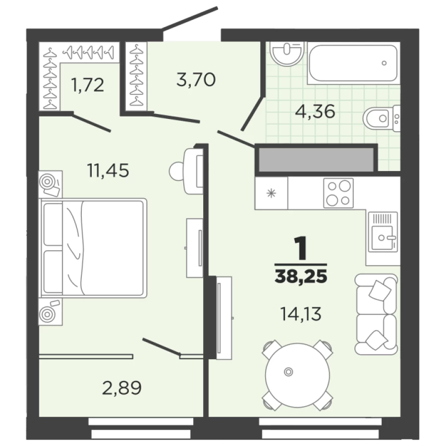 1-ая квартира 38,25 кв. м. с функциональной планировкой